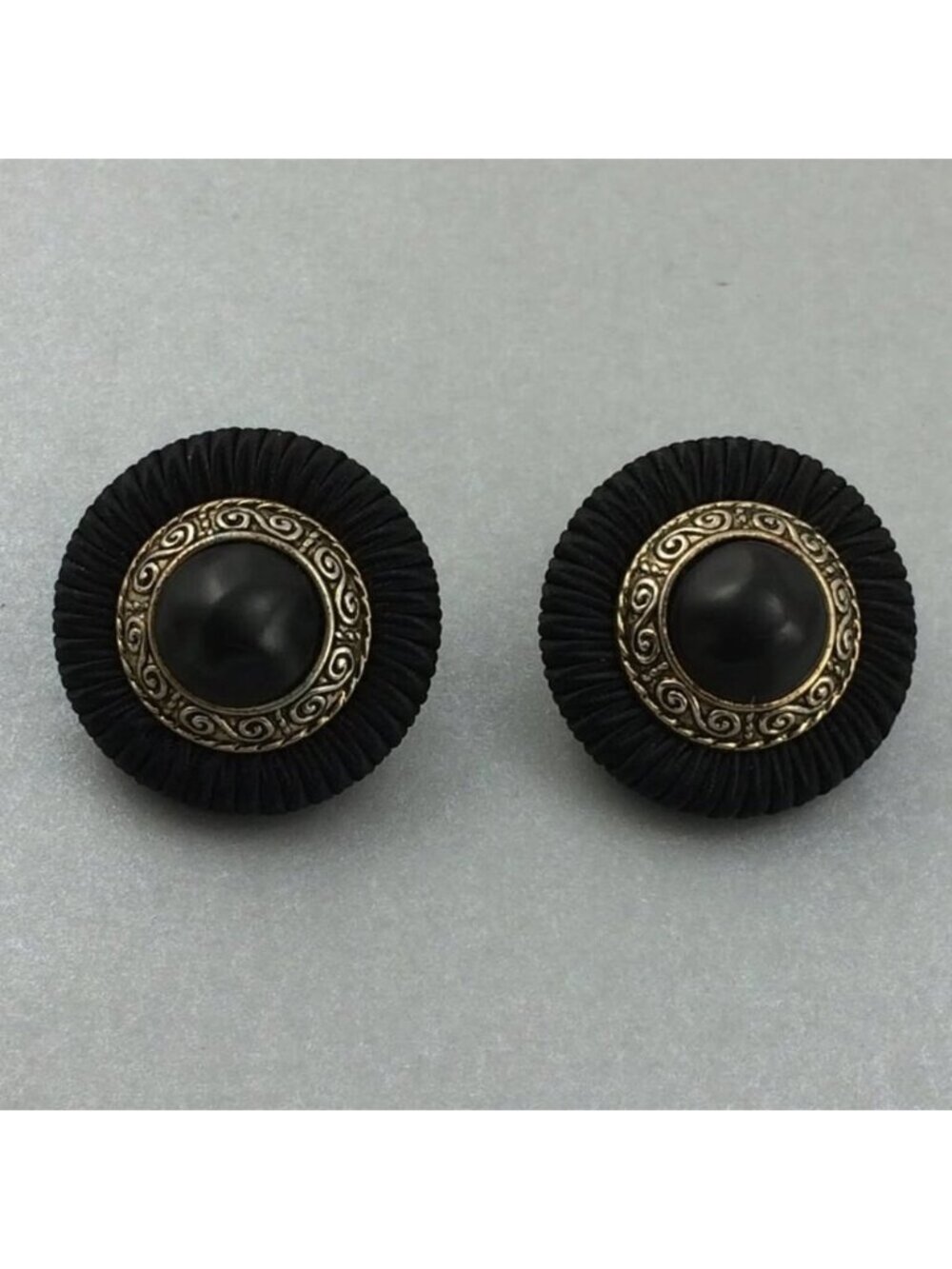 Vintage 80s Big Domed Clip-On Earrings Black Silver Metal Fabric 1980s Round